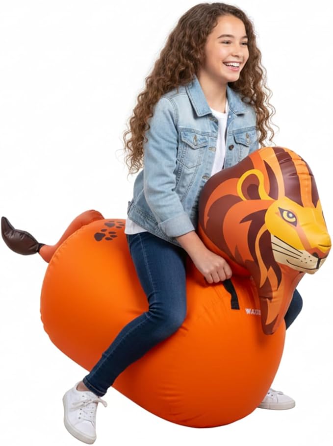 Waddle Hip Hoppers Large Bouncy Hopper Ride On Toys - Inflatable Hopping Animal Bouncer for Kids Girls & Boys, Easy Grip, Stable Base, Outdoor & Indoor, Supports Up to 250 Lbs, Ages 5 and Up (Lion)