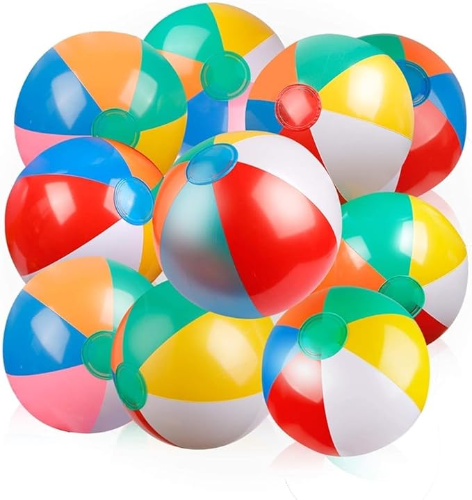 Coogam Inflatable Beach Ball Classic Rainbow Color Birthday Pool Party Favors Summer Water Toy Fun Play Beachball Game for Kid Boys Girls 8 to 12 Inches from Inflated to Deflated (10 PCS)