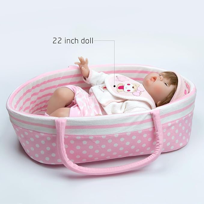 Reborn Baby Dolls Bassinet Pink Crib Bed Soft Toddler Doll Carrier for 18-24 Inch Baby Doll Accessories Baskets with Handle
