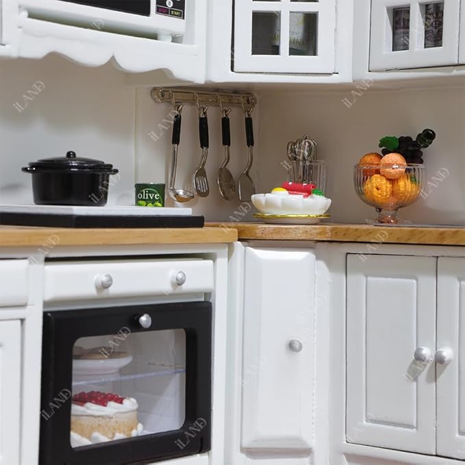 iLAND Miniature Dollhouse Furniture on 1:12 Scale, Modern Dollhouse Kitchen with Dollhouse Accessories Set