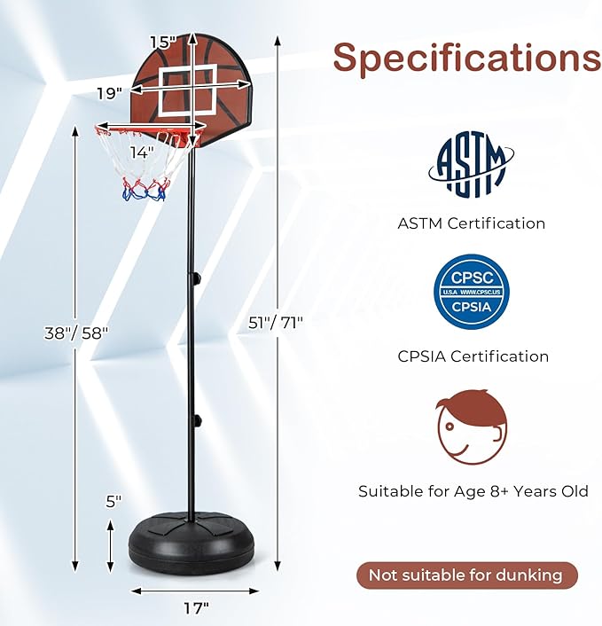GYMAX Kids Basketball Hoop with Dart Board, 3.2-4.8 FT Adjustable Indoor & Outdoor Toddler Basketball Hoop with Fillable Base & 6 Darts, Toy Basketball Goals for 3 4 5 6 7 8 Years Boys Girls Gift