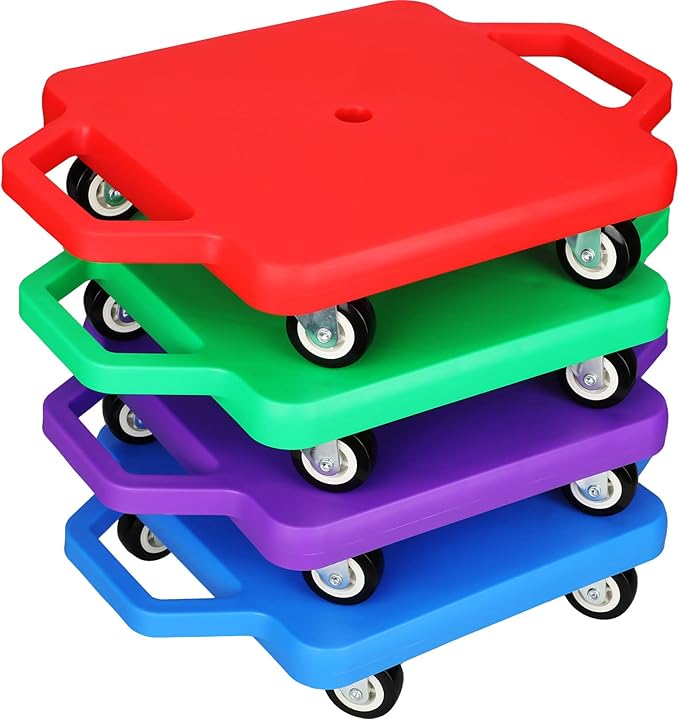 Jerify 4 Pieces Sports Scooter Board with Handles Plastic Casters Floor Sitting Scooter Boards for Kids Children Gym Indoor Outdoor Activities Play Equipment, 11.22 x 11.22 inch