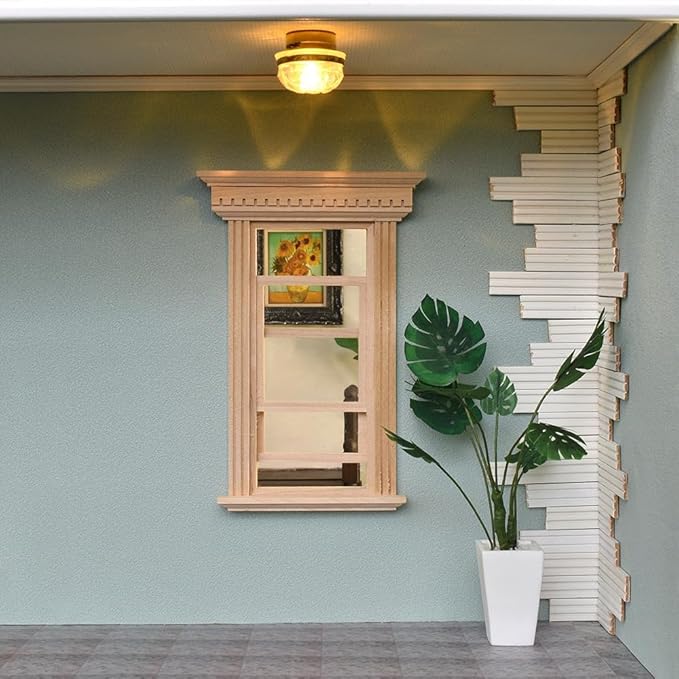iLAND Dollhouse Window, 1/12 Scale Accessories, Wooden Dollhouse Accessories, Dollhouse Building Supplies in Neoclassical Style