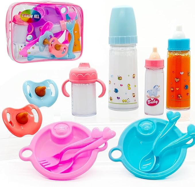 Baby Doll Accessories Magic Bottle Set Magic Disappearing Milk Juice Bottles Sippy Cups with Pacifiers Bowl Spoons, Doll Bottle Toys Feeding Pretend Playset for Kids Girls Ages 3+ (Big Set(12pcs))