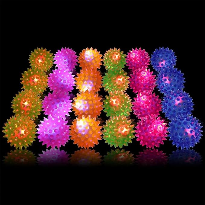 30 Pack LED Light Up Fidget Sensory Bouncy Glow in The Dark Spiky Ball Kids Gifts，Squishy Massage Pet Party Favors Stress Relief Spiky Balls Toy