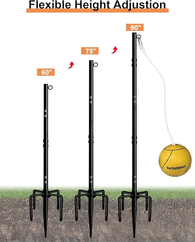 Garbuildman Tetherball Set with Ball & Rope for Outdoor Backyard, Adjustable Tether Ball Pole with Screw Reinforcement 5-Prong Base for Playground, Outside Ball Games Sports for Kids & Adults