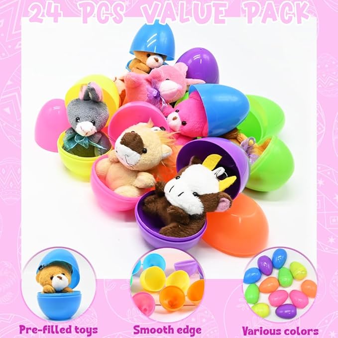 UMEELR 24 PCS Easter Eggs with Animal Plush Keychains, Empty Fillable Eggs for Easter Egg Hunt Party Favors Classroom Rewards, Gifts - Assorted Colors & Cute Animal Designs