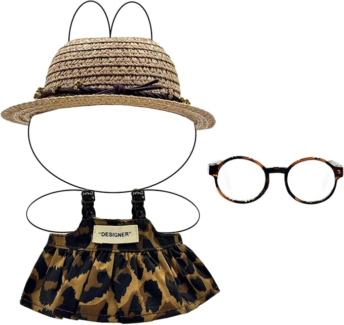 Dolls Clothes Set for 17cm Doll,3 Piece Set Outfits for Dolls Accessories,Leopard Print Glasses+Leopard Print Dress+Straw Hat