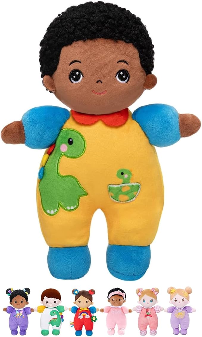 OUOZZZ Black Boy Baby Doll 10" - First Birthday Toys for 1 Year Old Boy, Ideal 1 Year Old Boy Gifts & Baby Boy Gifts, Snuggle Buddy for Infants Dinosaur Toy