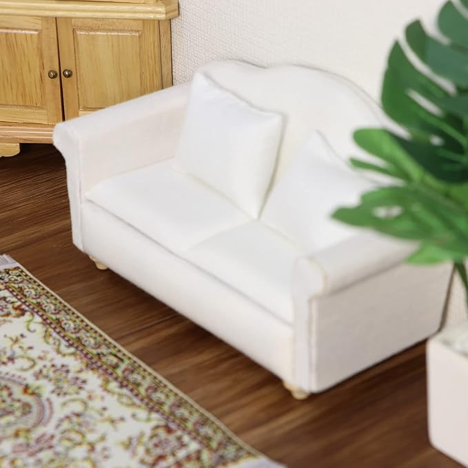 Dollhouse Couch Miniature Sofa with Pillows Dollhouse Living Room Funiture 1:12 Scale Model 3 Pcs High Simulation Upholstered Wooden Fabric Armchair Mini Room Artificial House Scene Decoration (White)