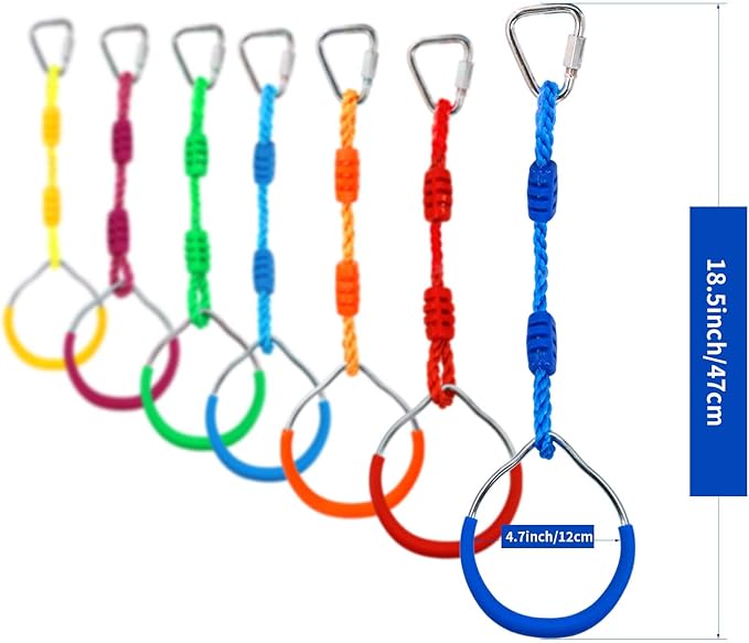 7PCS Colorful Ninja Rings - Gymnastic Rings, Swing Bar Rings, Monkey Rings, Climbing Rings Outdoor Backyard Play Sets Playground Equipment for Ninjaline Obstacle Accessories