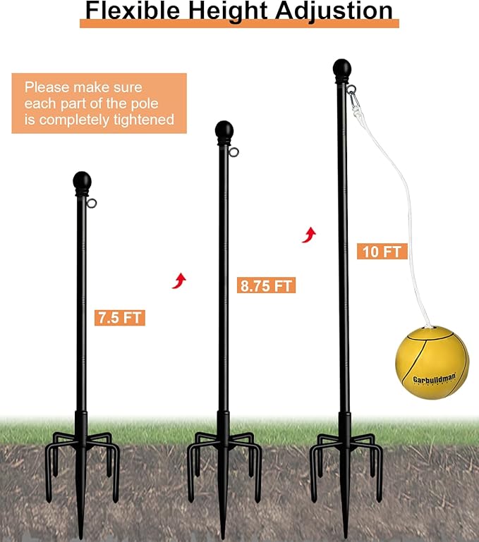 Garbuildman Tetherball Set with Ball & Rope for Outdoor Backyard, Adjustable Tether Ball Pole with Reinforced 5-Prong Base for Playground, Outside Ball Games Sports for Kids & Adults, Black