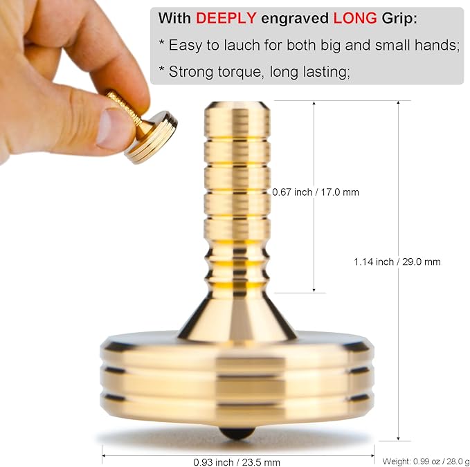 DjuiinoStar Premium Brass Spinning Top: Deeply Engraved Long Grip, Long Spin Time, Settles Down Quickly, Exquisite Metalwork Full of Details, Kinetic Office Desktop Fidget Toy DST-827