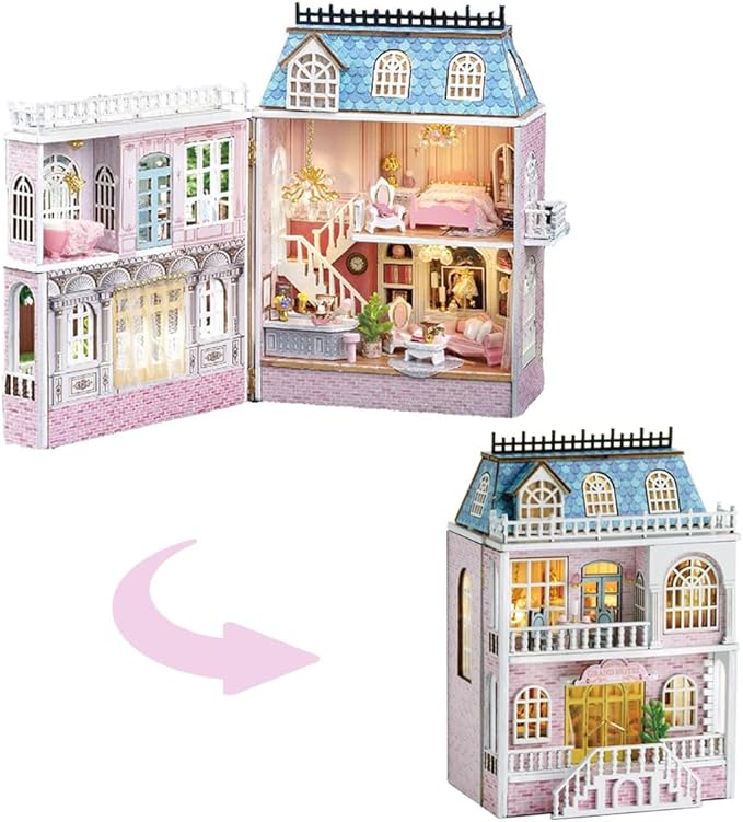 TuKIIE DIY Miniature Dollhouse Kit with Furniture, 1:32 Scale Creative Room Opened & Closed Mini Wooden Doll House for Kids Teens Adults(Romantic Castle)