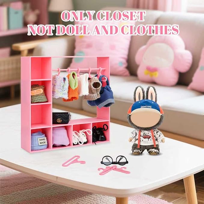 Doll Clothes Closet/Wardrobe Large Plus 10 Hangers, Doll Accessories Display Box, Clothes Storage for Figures, Portable Storage for Fashion Doll Clothes, Gift (Pink)