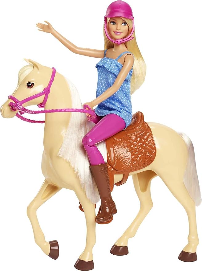 Barbie Doll, Blonde, Wearing Riding Outfit with Helmet, and Light Brown Horse with Soft White Mane and Tail, Gift for 3 to 7 Year Olds (Amazon Exclusive)