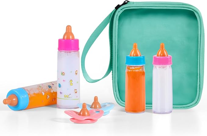 SCOM Baby Doll Bottle Accessories - 6 Pcs Feeding Bottle Toys, Magic Disappearing Milk & Juice, Pretend Play Set with Pacifiers Kids Gift Light Green