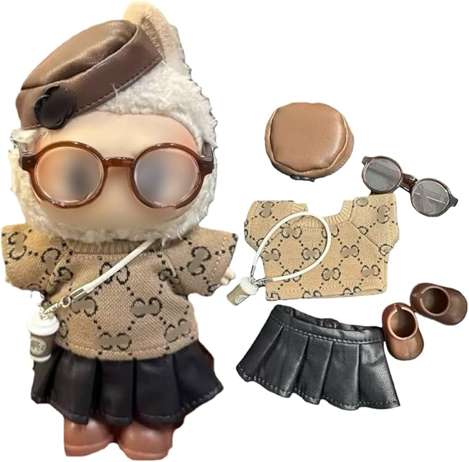 17cm Doll Clothes for lububu,Cl othes Suitable for lububu Dolls Outfits and Accessories Set,Including Top+Hat+Bag+Skirt+Shoes+Glass - 6PACS Not D oll(Brown)