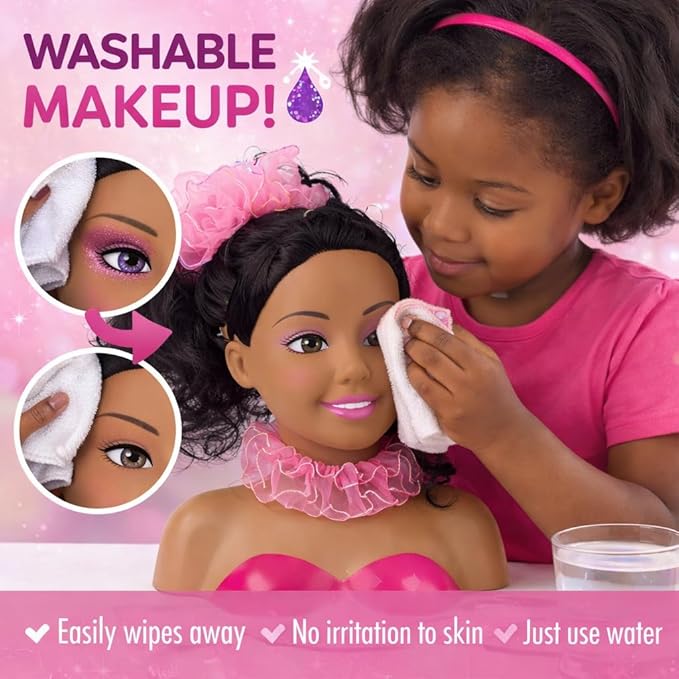 Liberty Imports African American Black Makeup and Hair Styling Doll Head Toy Playset with Real Washable Cosmetic and Fashion Dress Up Accessories for Girls Pretend Play
