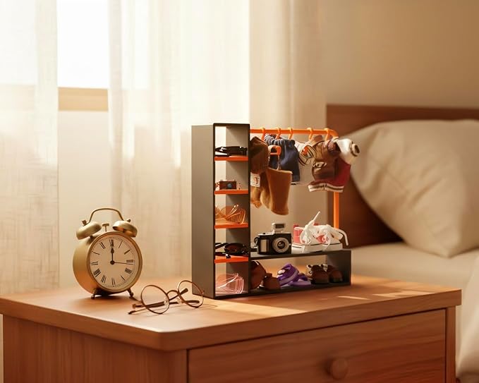 Doll Clothes Closet with 10 Hangers, Black & Orange Color Block Doll Accessories Display Wardrobe, Compatible with Fasion Doll Clothes,Portable Storage for Figures,Gift