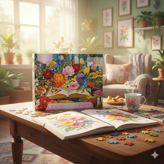 Colorful Flowers Book Puzzles 1000 Piece Jigsaw Puzzle for Adults, Vibrant Forest Jigsaw Puzzles with Letters on Back, Impossible Challenging Hard Butterflies Puzzles Home Decor, 27.5 x 19.7 Inch