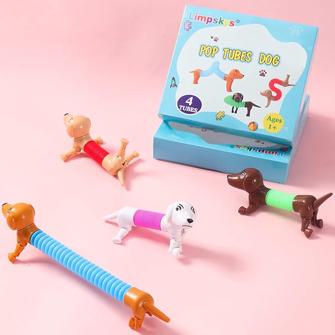Dog pop Tubes fidgets, Easter Egg Stuffers, Sensory Toys for Kids 5-7, fidgets for Toddler, Easter Basket , Easter Egg fillers,（4 Pack Dog）