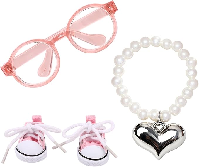 Doll Outfit Set, Adorable Pink Glasses & Heart-Shaped Necklace & Cute Canvas Shoes for Dolls Clothing Accessories Decoration or Collection