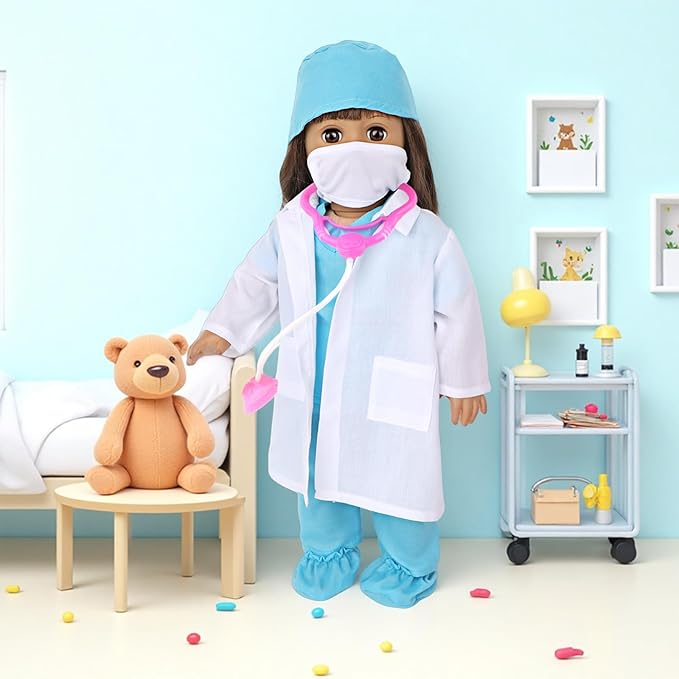 MSYO 18 Inch Doll Doctor Playset-Pretend Play Medical Kit with White Coat,Scrubs & Surgical Tools,Stem Roleplay Costume for Kids Ages 3-12,Fits Most 18-Inch Girl & Boy Dolls(Blue)