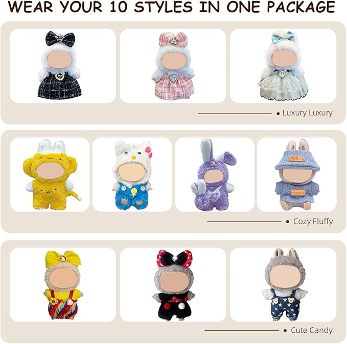 10 Pack Compatible for Labubu Clothes,17cm Doll Clothes Cute Outfits Stylish Accessories Designer Hat Dress Shirt Set Compatible for Labubu Birthday Party Decoration Gift (Adorable, 17cm)