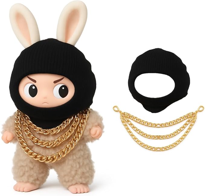 Clothes for LABUBU 17cm Doll (NO Doll), Outfit for LABUBU, Black Head Cover, Three-Layer Gold Necklace - Funny Outfits & Accessories for Unique Style