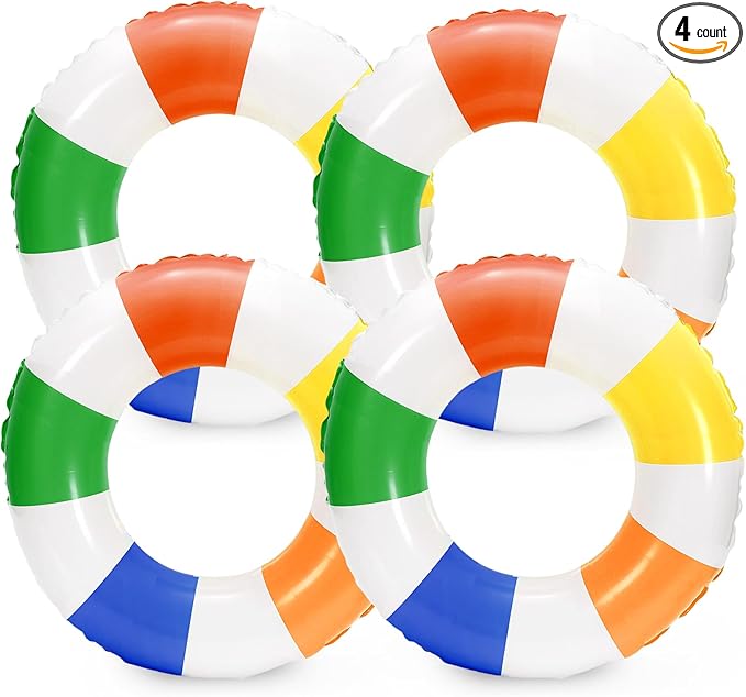 Whaline 4Pcs Inflatable Swimming Float Toy Striped Swim Ring Fun Print Pool Lounger Tube for Summer Swimming Beach Party