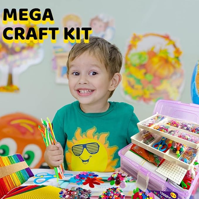MOVEBO Mega Kids Crafts and Art Supplies case Kit - 1200+ Piece Set - Make Bracelets and Necklaces - Plus Glitter Glue, Construction Paper, Colored Popsicle Sticks, Google Eyes, Pipe Cleaners
