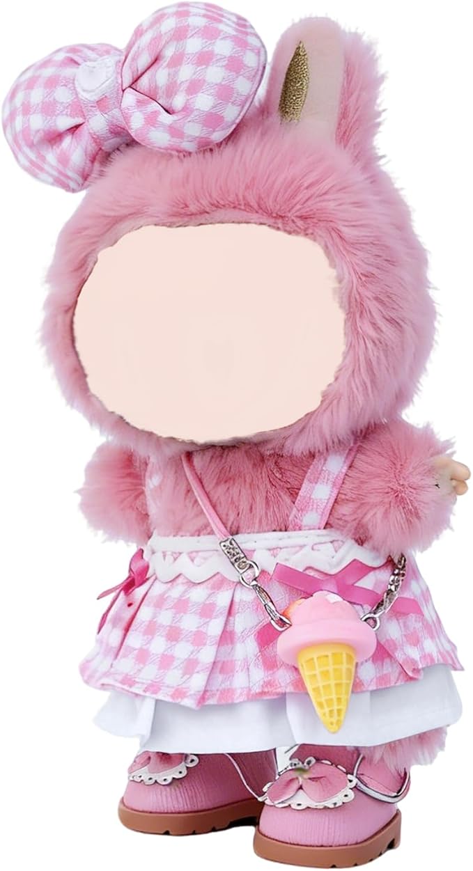 17cm Doll Clothes Sets(No Doll) Pink Checker Dress Outfits Handcrafted Designer Clothing Including Dress,Shoes,Bow Hair Accessory,Ice-Cream Decoration