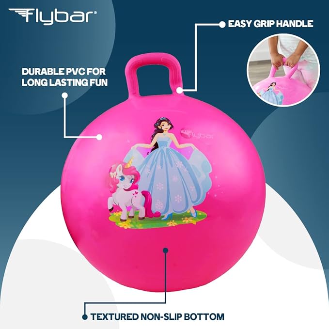 Flybar Hopper Ball for Kids, Inflatable Bouncy Ride-On Ball w/Handle for Indoor & Outdoor Active Play, Includes Pump, Jump Ball Toy for Boys & Girls, Supports Up to 185 lbs, Ages 6+, 22-Inch, Medium