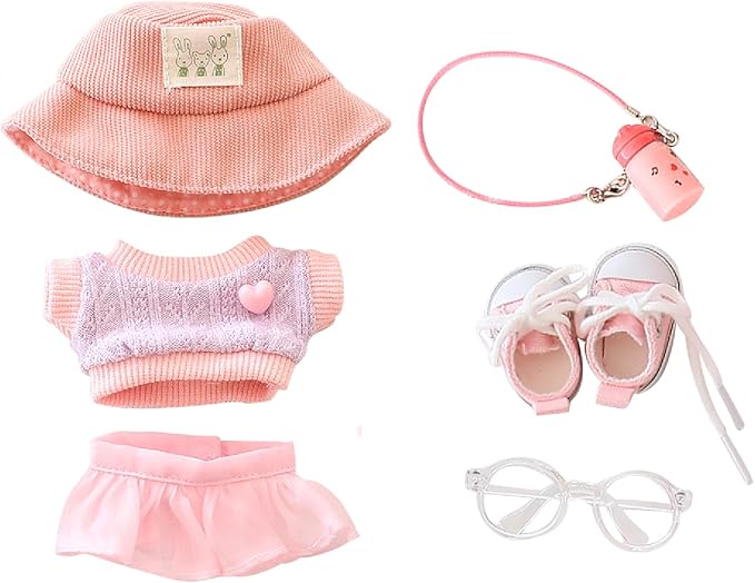 6-Piece Clothes for 17cm Dolls - Cute Hat, Glasses, Water Bottle, Sweater, Skirt & Canvas Shoes - Premium Doll Outfit Accessories for Creative Play & Display (Pink)