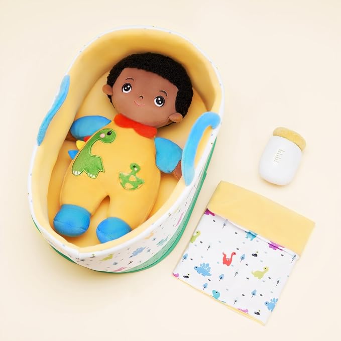 OUOZZZ 10" Soft Black Baby Boy Doll Set, Baby Doll Accessories Pretend Playset for Social Emotional Learning, Birthday Gift for 2 Year Olds Boy