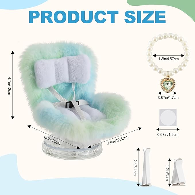 Cute Doll Car Seat for Labubu, Premium Car Seat Accessories for 4-7in Dolls, Including Air Vent Clip, Desktop Stand, Adjustable Strap, Airflow-Friendly Design(Colorful Green)