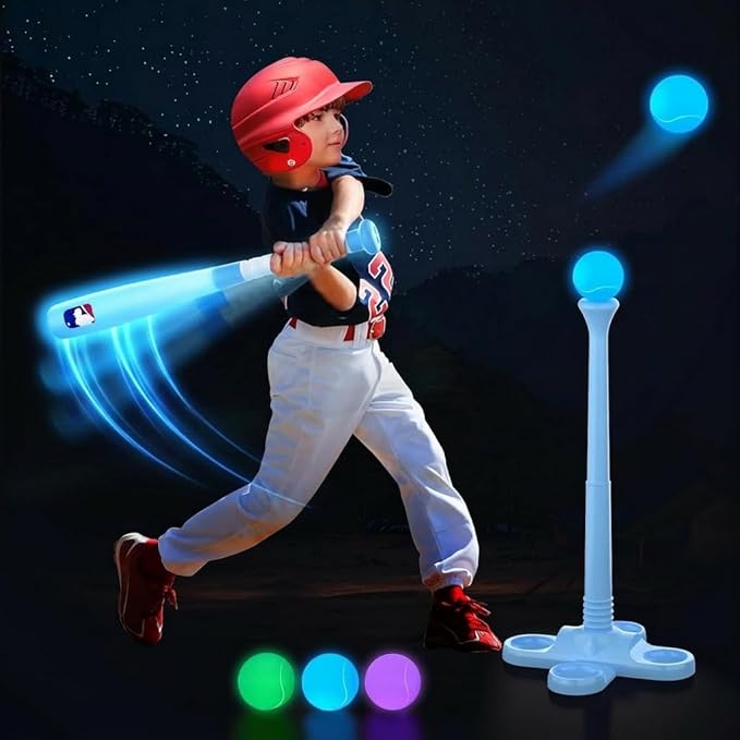 LED Tball Set for Toddlers 3-5, 5-8, Light up Tee Ball Set for Toddlers, Glow in The Dark T Ball Set for Kids 3-5, Kids Outdoor Toys Baseball Toys Gifts for Boys Girls (Blue)