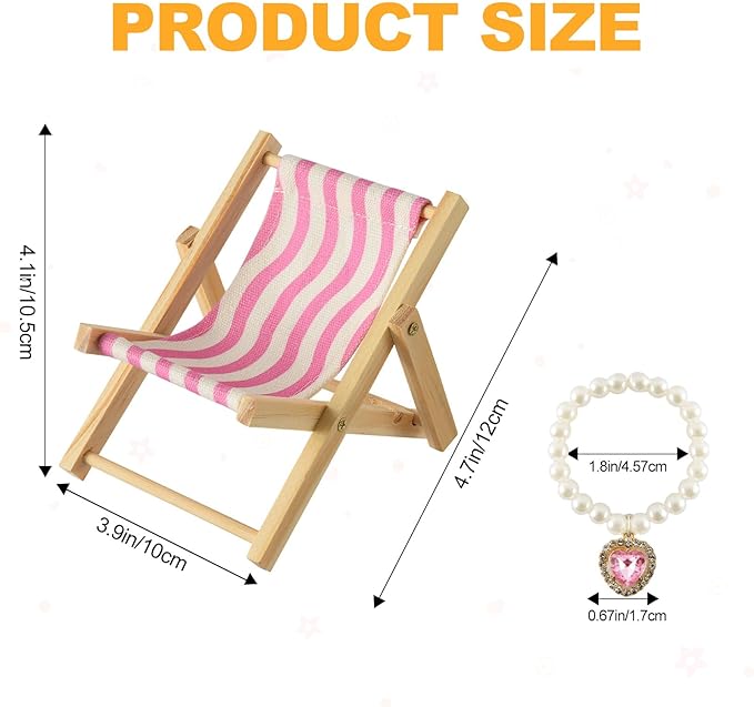 Cute Doll Car Seat for Labubu, Premium Foldable Beach Lounger for 4-7in Dolls, Beautiful Doll Display Accessories, Portable Phone Holder & Stand(Pink-White Striped Design)