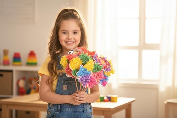 SOLDAY Poke Art Kits for Kids to Make Your Own Flowers Bouquet, Craft Kit with 6 Flowers, 8 Cute Hanging Charms, Mother Day Birthday Christmas Gift for Girls & Boys Ages 4-8
