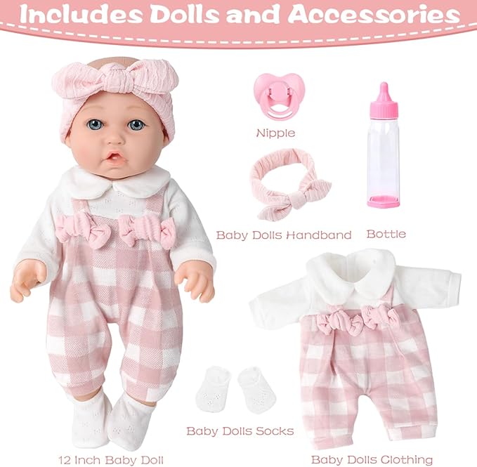 BDDOLL 12'' Baby Doll and Clothes Accessories Playset with Feeding Bottle Pacifier First Baby Dolls for Toddlers 36 Months and Up