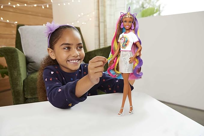 Barbie Fantasy Hair Doll & Accessories, Long Colorful Brunette Hair with Mermaid and Unicorn-Inspired Clothes