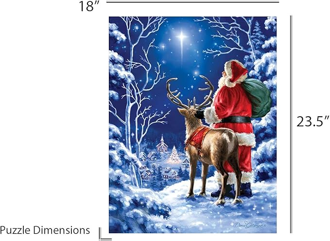 Springbok Starry Night 500 piece Jigsaw Puzzle for Adults features Santa Clause and his reindeer gazing upon the north star on a perfect snowcovered evening