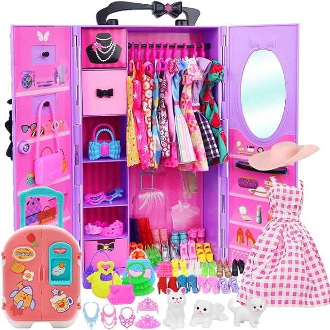 K.T. Fancy 83 Pcs Dolls & Accessories with Purple Closet Wardrobe for 11.5 Inch Doll Dress Up Set Including Wardrobe Shoes, Wallet, Dress Hangers, Brush, Necklace, Pet and Other Accessories