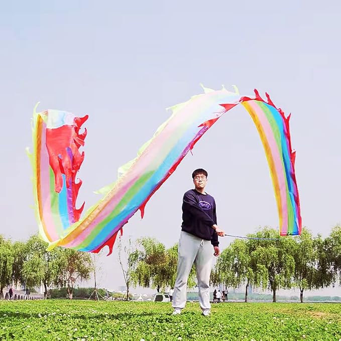 Square Exercise Dance Outdoor Flinging Fitness Dragon POI Wu Long 3D Real-Like Dragon Ribbon Streamer Set (19.6ft, Rainbow Dragon)