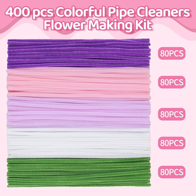 Praisebank Purple Pipe Cleaners for Crafts (400pcs with Instruction), Flower Making Kit, Chenille Stems for DIY Projecets, Arts & Crafts Supplies for Festival Party Decorations