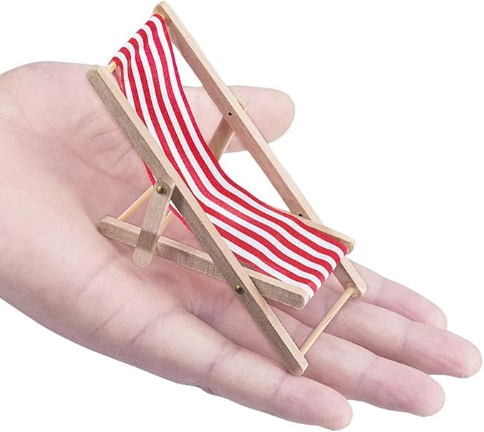 6Pcs 1:12 Scale Mini Wooden Folding Beach Chair, Miniature Sunbathing Lounge Deck Chair, Dollhouse Outdoor Furniture Accessories (MiniBeachChair)