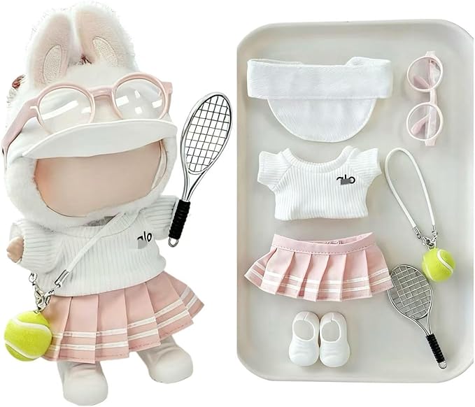 17cm Doll Clothes for Lububu Dolls, 7-Piece Sports Outfits - Top, Pants, Skirt Dress, Golf Hat, Sunglasses, Shoes, Tennis Racket, Ball Charm | Luxury Stylish Gym/Tennis Doll Accessories(White+Pink)