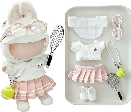 17cm Doll Clothes for Lububu Dolls, 7-Piece Sports Outfits - Top, Pants, Skirt Dress, Golf Hat, Sunglasses, Shoes, Tennis Racket, Ball Charm | Luxury Stylish Gym/Tennis Doll Accessories(White+Pink)