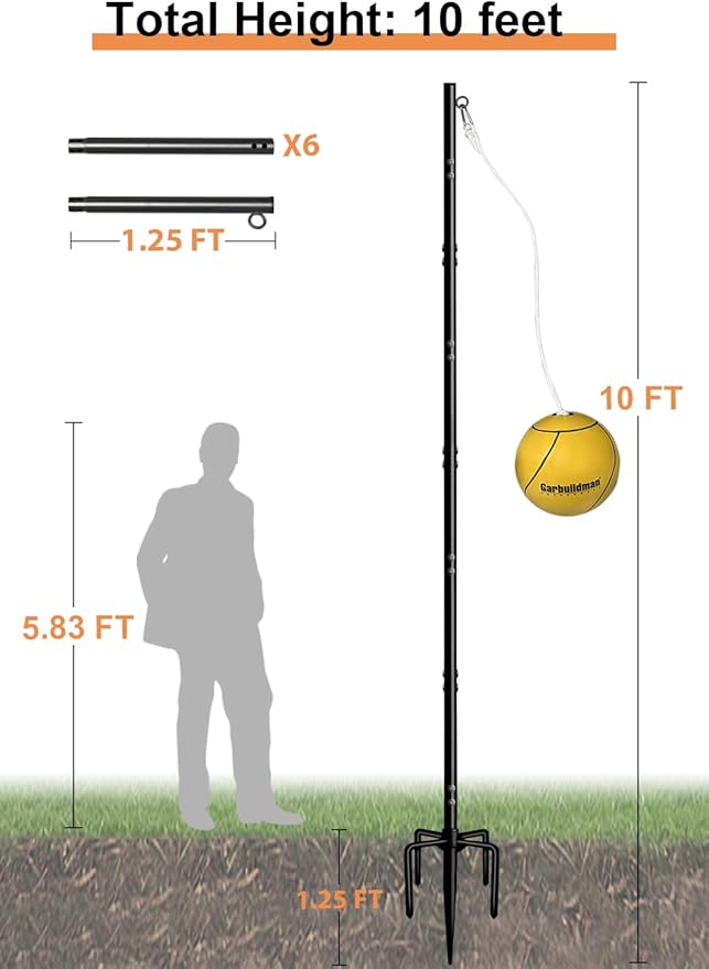 Garbuildman Tetherball Set with Ball & Rope for Outdoor Backyard, Adjustable Tether Ball Pole with Screw Reinforcement 5-Prong Base for Playground, Outside Ball Games Sports for Kids & Adults